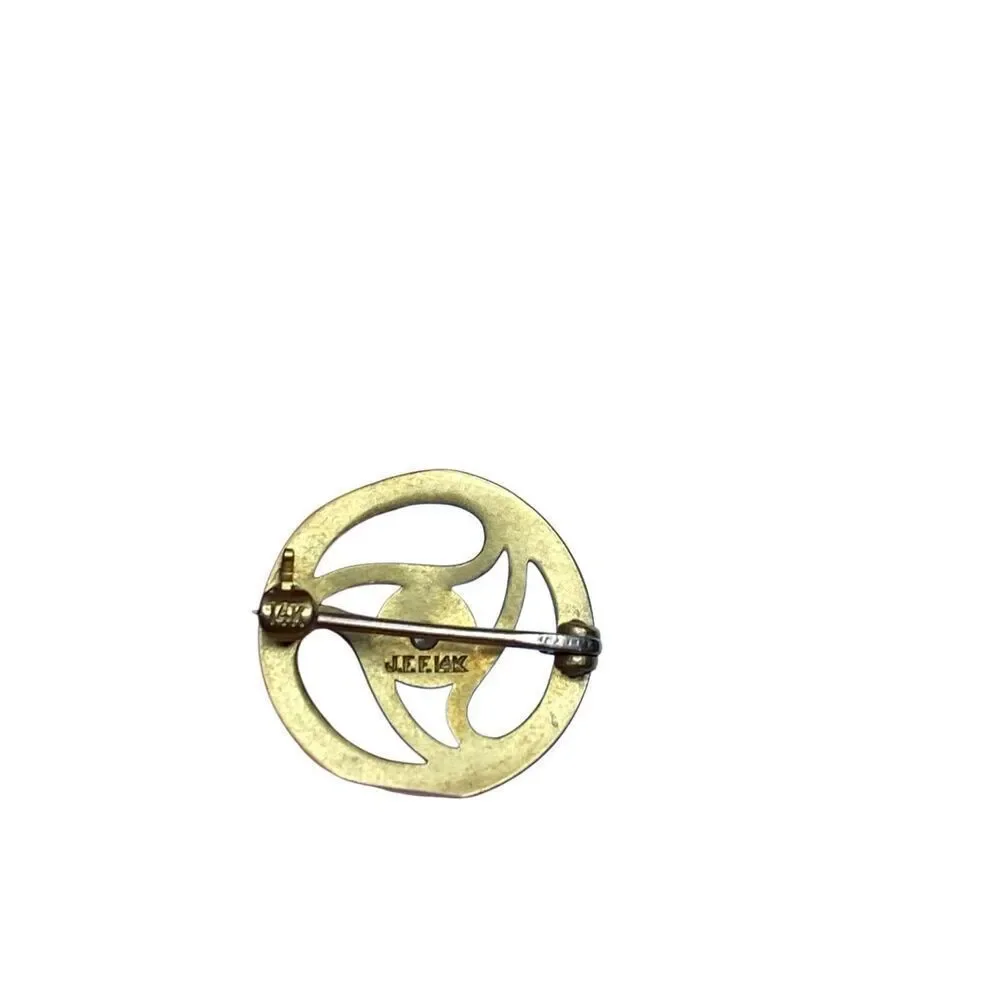 Vintage 14K Gold Swirl Brooch Pin Mid Century Clear Stone JFF Fine Jewelry